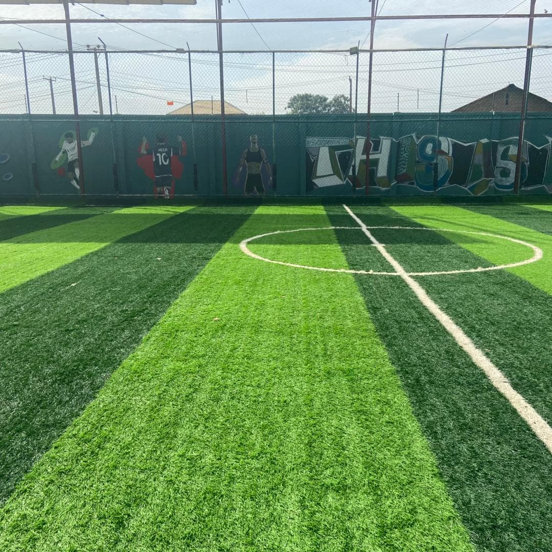 Pitch-side view with red structural beams and green turf